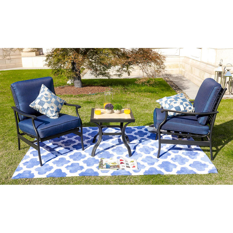 Festival Depot 3-Piece Patio Bistro Set Metal Dining Chairs with Thick Cushions and Ceramic Top Side Table All Weather Outdoor Furniture, Blue