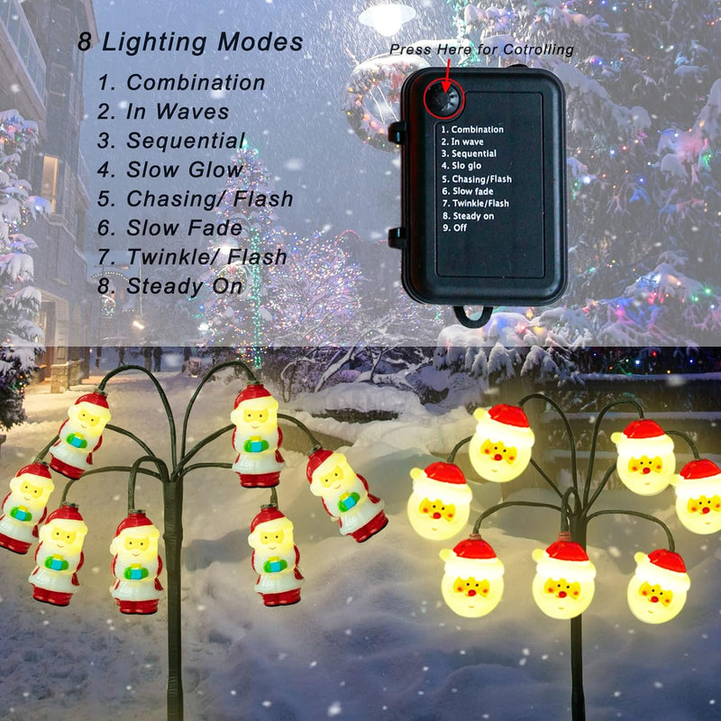 4 Set of Christmas Decorations Lights-30 LED Mini Wooden House String Lights-20 Ft 40 LED Snowflake String Lights-200 LED Solar Fairy/Starry String Lights-14 LED Santa Claus Stake Lights