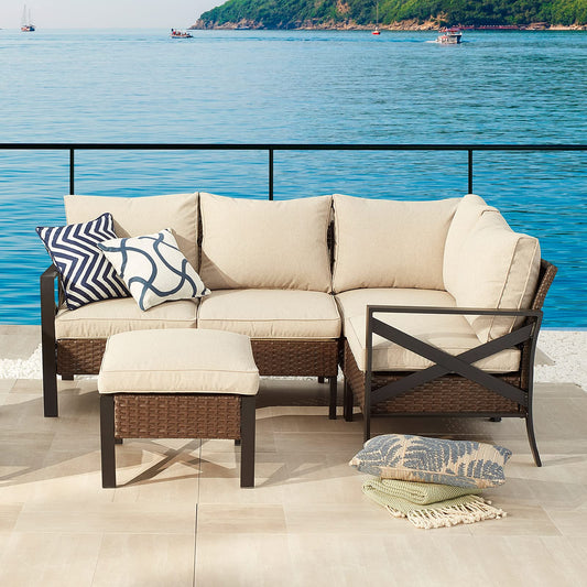 Festival Depot 5 Pieces Patio Furniture Set All-Weather Rattan Wicker Metal Frame Sofa Chair Outdoor Conversation Set Sectional Corner Couch with Cushions, Ottoman and Coffee Table for Deck Poolside