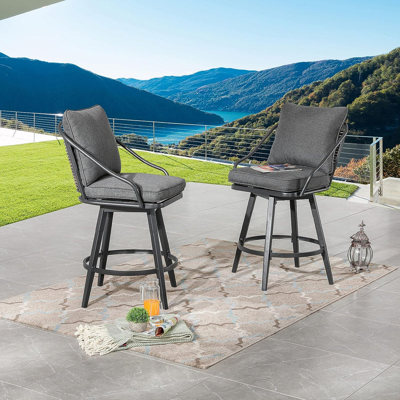 Elegant 2 Piece Outdoor Swivel Bar Height Chairs with Wicker Detailing and Cushions