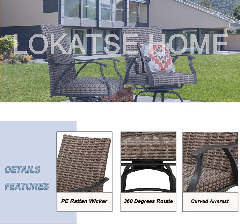 Festival Depot 2 Pcs Patio Bar Height Stools Rattan Wicker High Back 360° Swivel Chairs Patio Dining Chairs All-Weather Metal Outdoor Furniture with Soft Seat Cushion for Bistro Lawn Garden Pool