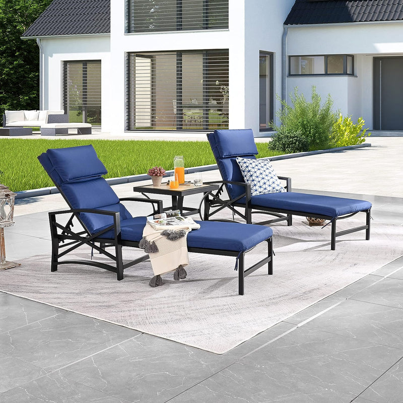Festival Depot 3 Pieces Patio Outdoor Chaise Lounge Chairs with Cushions Set with Coffee Table Premium Fabric Metal Frame Furniture Garden Bistro Soft Backrest (Khaki)