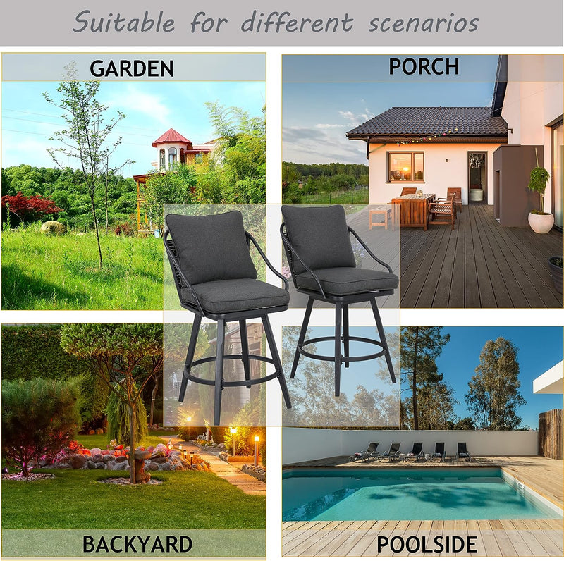 Festival Depot 2 Pcs Outdoor Swivel Bar Height Stools Patio Dining Armchair with Wicker Back Metal Frame Removable Cushion for Bistro Bar Indoor Home Counter Garden Pool (Grey)