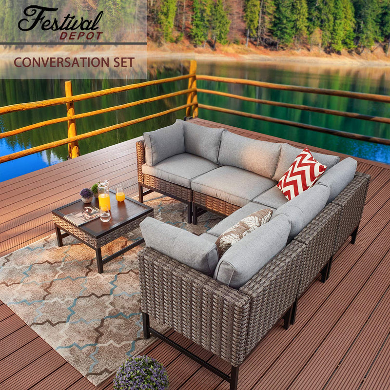 Festival Depot 6 Pieces Patio Outdoor Furniture Conversation Sets Sectional Corner Sofa, Wicker Chairs with Side Coffee Table and Seating Thick Soft Cushion(Grey)