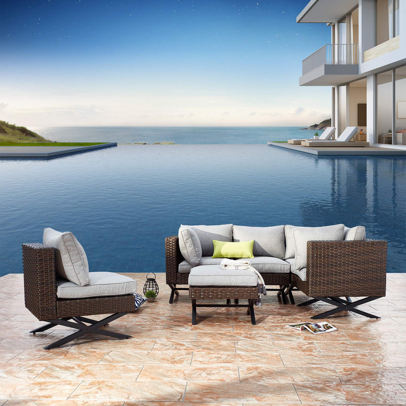 Festival Depot 6pcs Outdoor Furniture Patio Conversation Set Sectional Corner Sofa Chairs with X Shaped Metal Leg All Weather Brown Rattan Wicker Ottoman with Grey Thick Seat Back Cushions