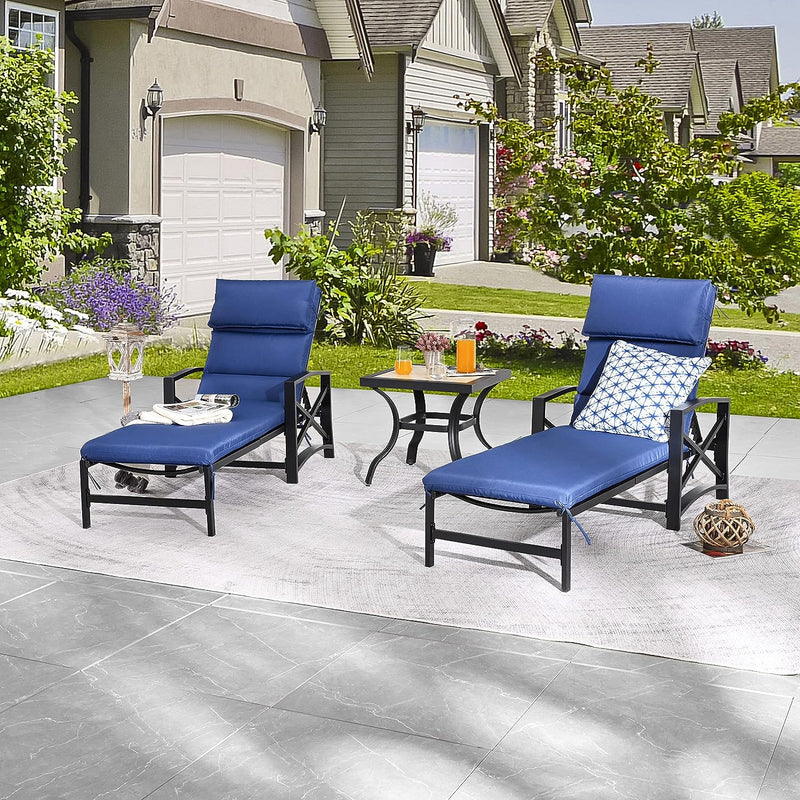 Festival Depot 3 Pieces Patio Outdoor Chaise Lounge Chairs with Cushions Set with Coffee Table Premium Fabric Metal Frame Furniture Garden Bistro Soft Backrest (Khaki)