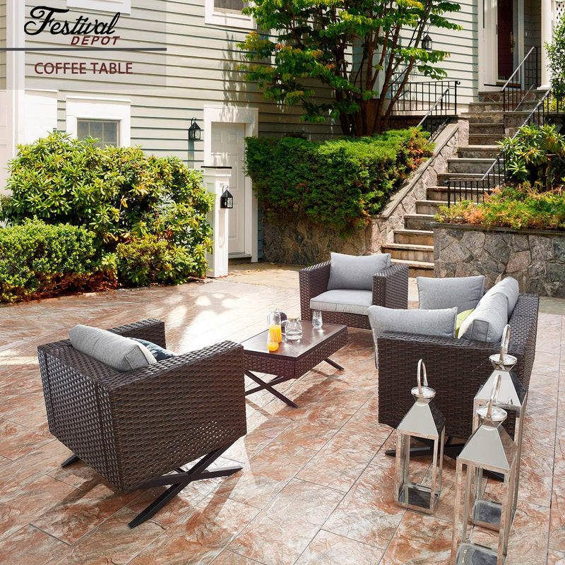 Festival Depot Coffee Dining Bistro Outdoor Side Patio Furniture Table Wicker Rattan Wood Grain Desktop Rectangle with X Shaped Slatted Steel Legs Lawn Garden All Weather 33.4"(L) x 22"(W) x 14.7"(H)