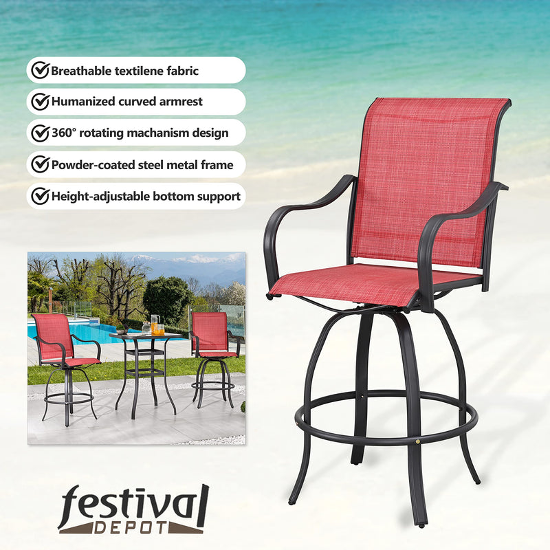 Festival Depot 3-Piece Bar Bistro Patio Outdoor Dining Furniture Sets High Stools 360å¡ Swivel Chairs with Slatted Steel Curved Armrest Square Coffee Side Table Tempered Glass Desktop