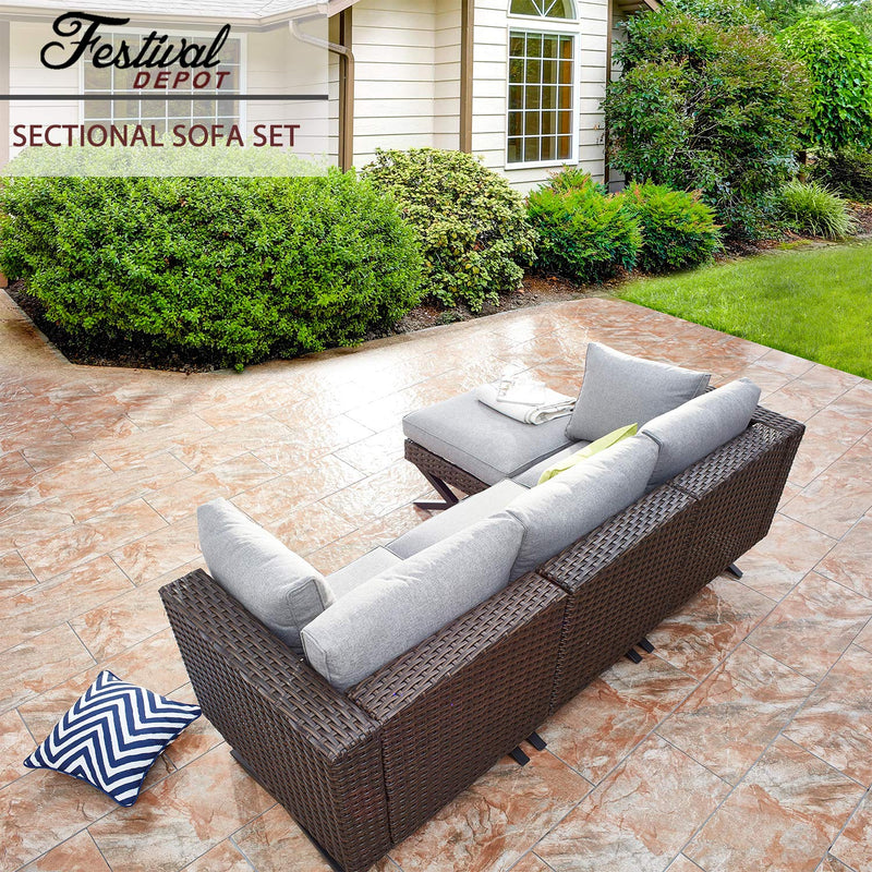 Festival Depot 4-Piece Patio Conversation Set Sectional Corner Sofa Combination X-Shaped Legs Outdoor All-Weather Wicker Metal Armless Chairs for Porch Lawn Garden Balcony Pool Backyard, Brown