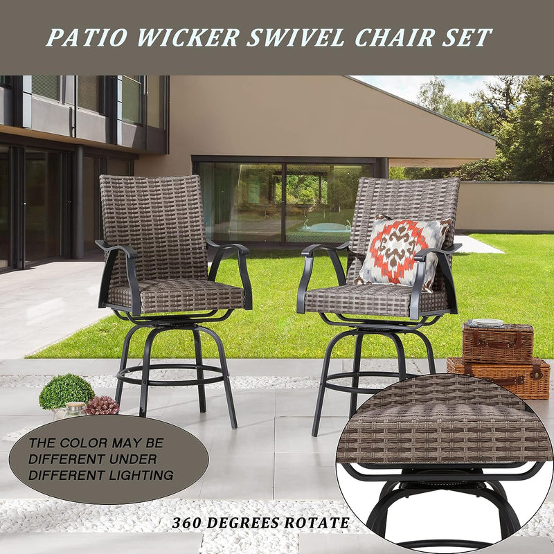 Festival Depot 2 Pcs Patio Bar Height Stools Rattan Wicker High Back 360° Swivel Chairs Patio Dining Chairs All-Weather Metal Outdoor Furniture with Soft Seat Cushion for Bistro Lawn Garden Pool