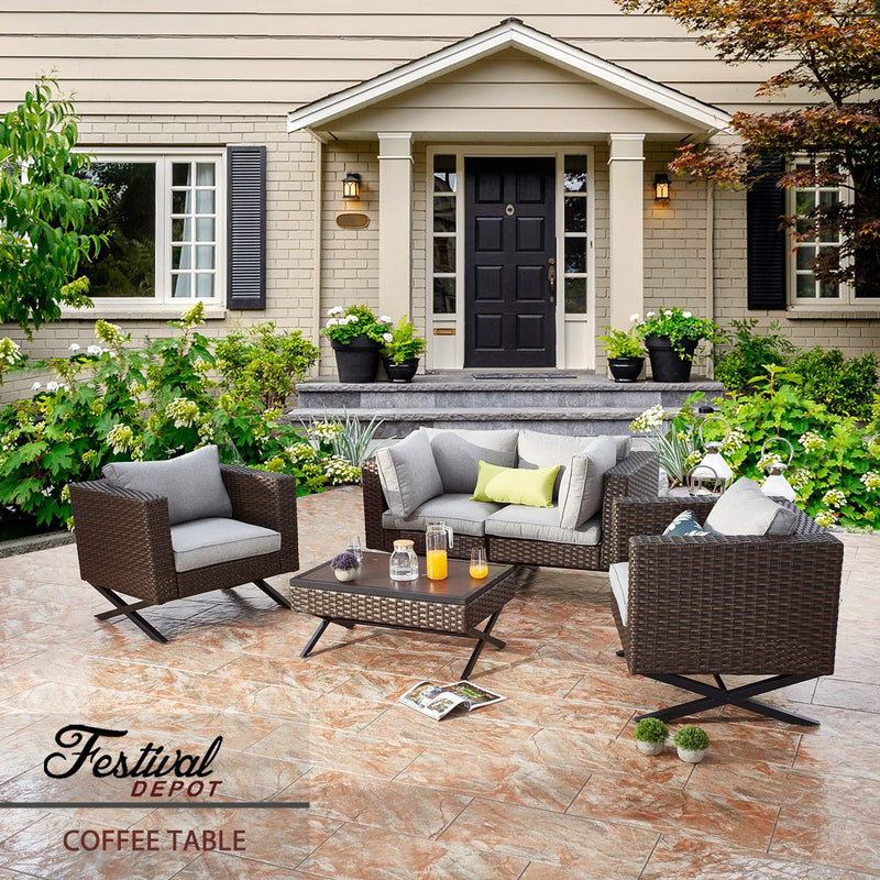 Festival Depot Coffee Dining Bistro Outdoor Side Patio Furniture Table Wicker Rattan Wood Grain Desktop Rectangle with X Shaped Slatted Steel Legs Lawn Garden All Weather 33.4"(L) x 22"(W) x 14.7"(H)