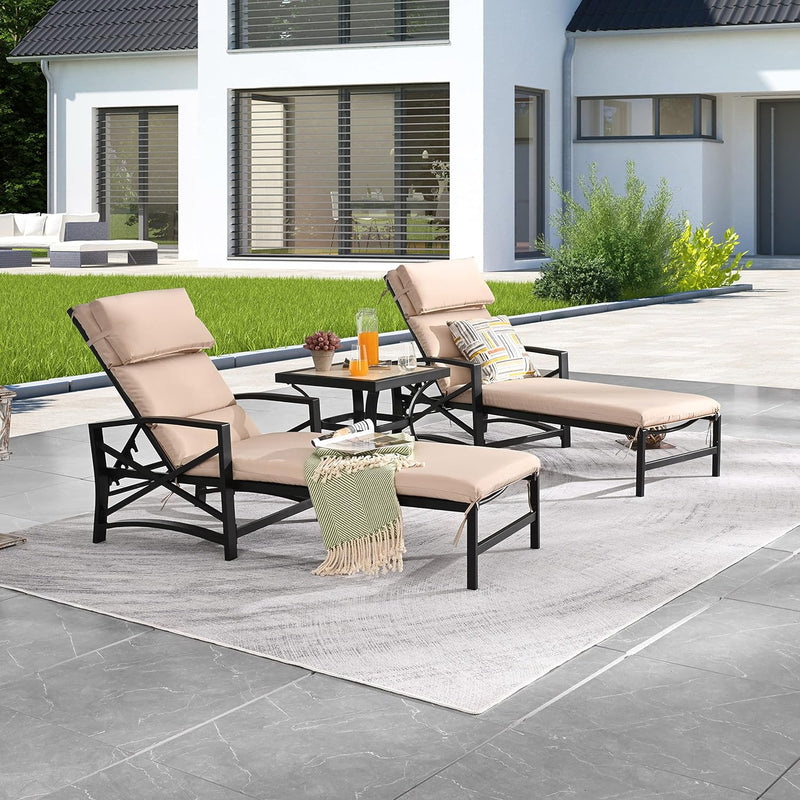 Festival Depot 3 Pieces Patio Outdoor Chaise Lounge Chairs with Cushions Set with Coffee Table Premium Fabric Metal Frame Furniture Garden Bistro Soft Backrest (Khaki)