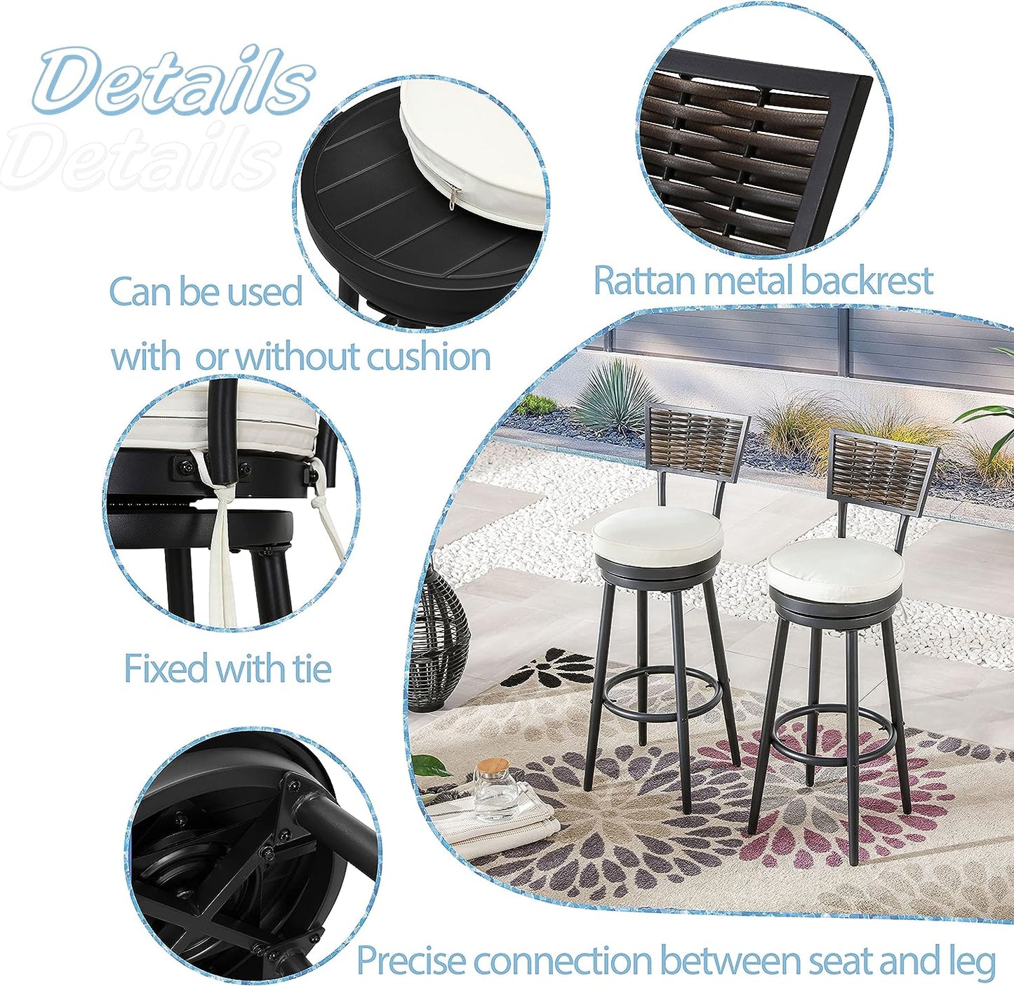 Festival Depot 3 Pcs Patio Bar Set Bistro Height Set, 360° Woven Wicker Swivel Chairs and Bar Height Table with Tempered Glass Top Outdoor Furniture for Garden Poolside Deck Porch (Beige)