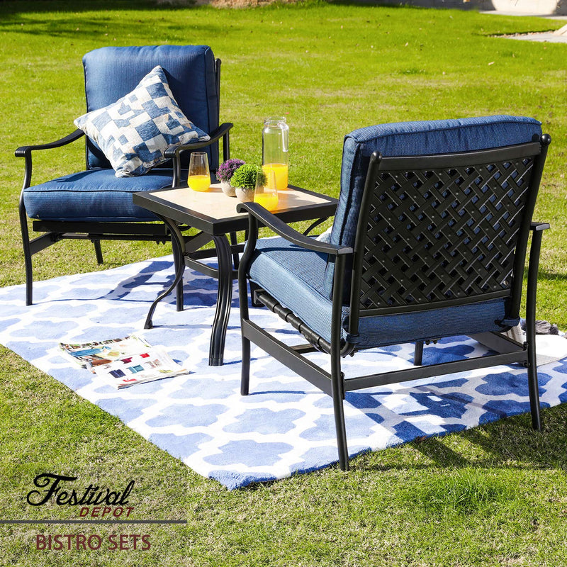 Festival Depot 3-Piece Patio Bistro Set Metal Dining Chairs with Thick Cushions and Ceramic Top Side Table All Weather Outdoor Furniture, Blue