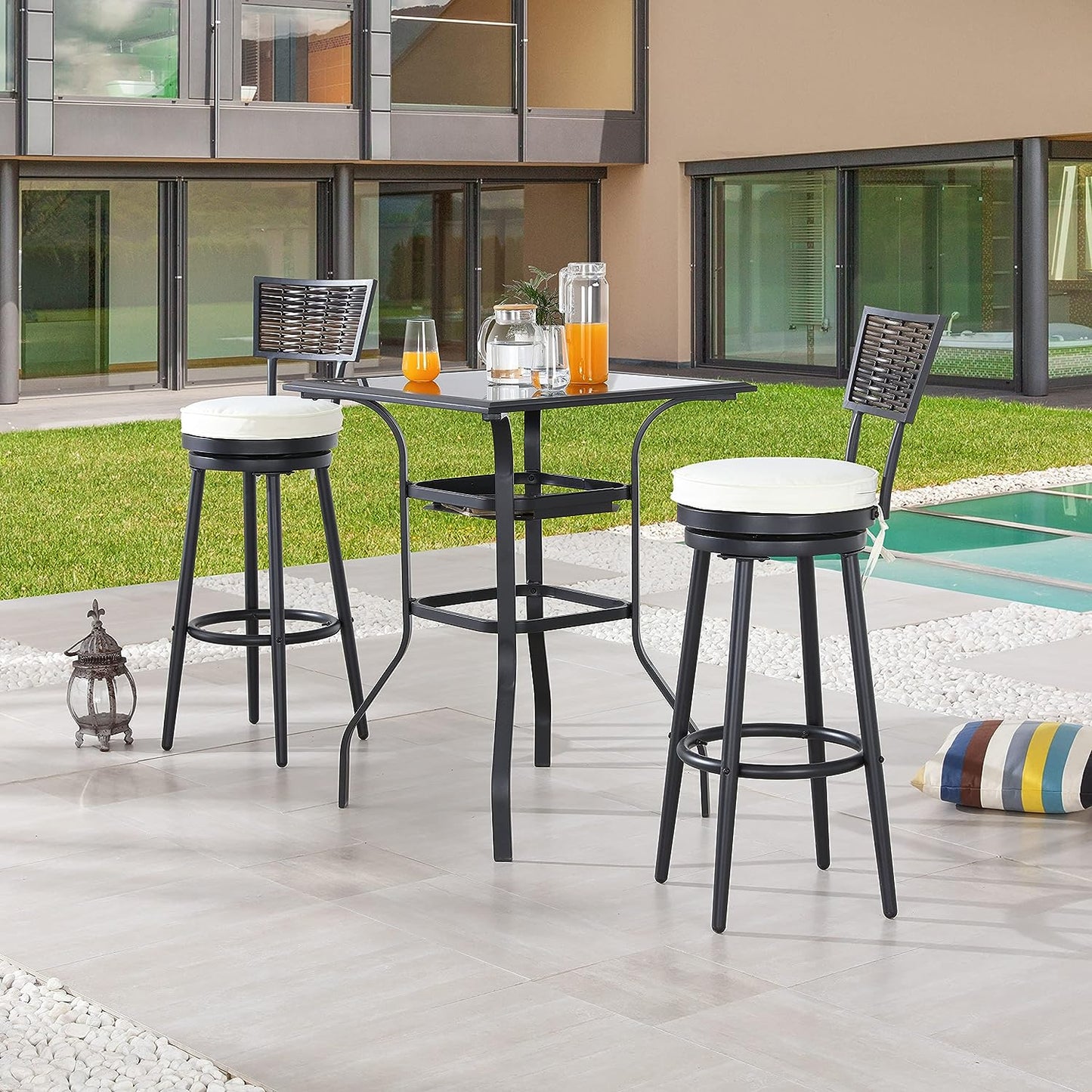 Festival Depot 3 Pcs Patio Bar Set Bistro Height Set, 360° Woven Wicker Swivel Chairs and Bar Height Table with Tempered Glass Top Outdoor Furniture for Garden Poolside Deck Porch (Beige)
