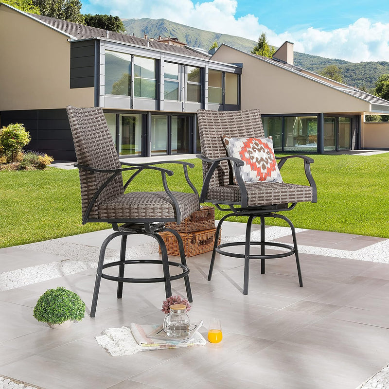 Festival Depot 2 Pcs Patio Bar Height Stools Rattan Wicker High Back 360° Swivel Chairs Patio Dining Chairs All-Weather Metal Outdoor Furniture with Soft Seat Cushion for Bistro Lawn Garden Pool