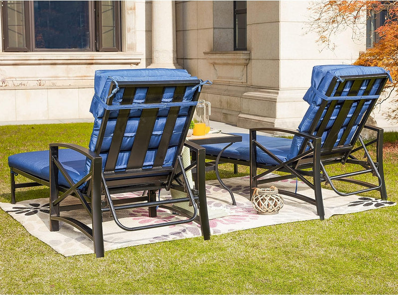Festival Depot 3 Pieces Patio Outdoor Chaise Lounge Chairs with Cushions Set with Coffee Table Premium Fabric Metal Frame Furniture Garden Bistro Soft Backrest (Khaki)