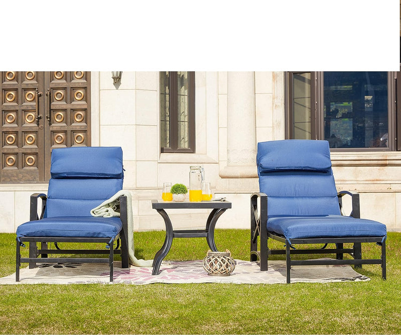 Festival Depot 3 Pieces Patio Outdoor Chaise Lounge Chairs with Cushions Set with Coffee Table Premium Fabric Metal Frame Furniture Garden Bistro Soft Backrest (Khaki)