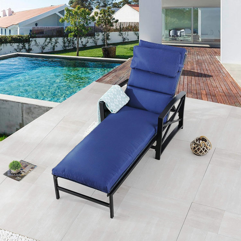 Festival Depot 1 Pieces Patio Outdoor Chaise Lounge Recliner Chairs with Cushions Set Premium Fabric Metal Frame Furniture Garden Bistro Soft Headrests