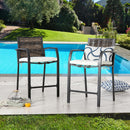 Breezy Elegance Wicker Bar Stools Patio Rattan Armrests Bar Chairs Set with Beige Cushions Footrests and Metal Frame