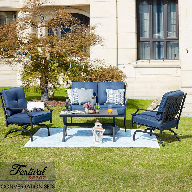 Festival Depot 4 Pieces Dining Outdoor Patio Bistro Furniture Loveseat Armchairs Set with Comfortable&Soft Cushions Premium Fabric with Curved Armrest with Slatted Steel Coffee Table Metal Frame,Blue