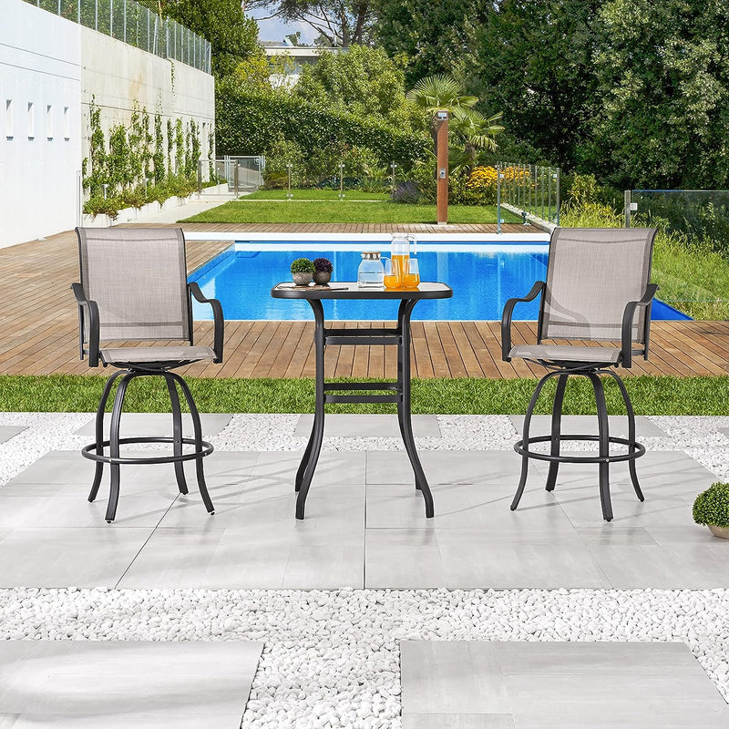 Festival Depot 3 Pcs Patio Bistro Set 360° Swivel Chairs with Bar Height Table with Tempered Glass Top Outdoor Furniture for Deck