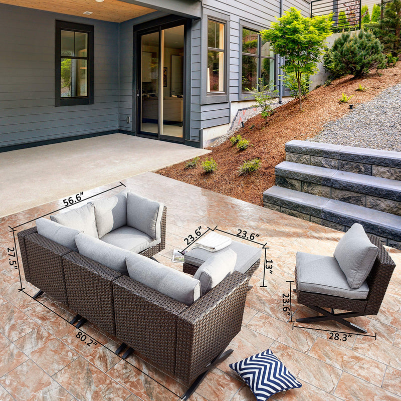 Festival Depot 6pcs Outdoor Furniture Patio Conversation Set Sectional Corner Sofa Chairs with X Shaped Metal Leg All Weather Brown Rattan Wicker Ottoman with Grey Thick Seat Back Cushions