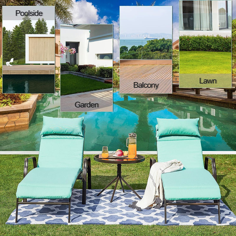 Festival Depot 3 Pieces Outdoor Patio Chaise Lounge Adjustable Back Chairs Set of 2 Chairs and 1 Bistro Table for Lawn Garden Balcony Pool Backyard with Removable Detachable Cushions