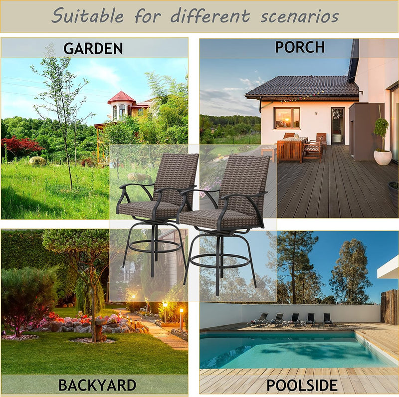 Festival Depot 2 Pcs Patio Bar Height Stools Rattan Wicker High Back 360° Swivel Chairs Patio Dining Chairs All-Weather Metal Outdoor Furniture with Soft Seat Cushion for Bistro Lawn Garden Pool